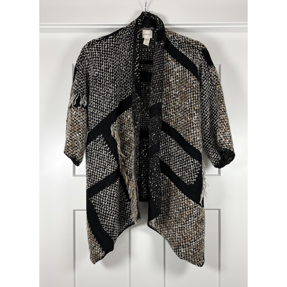 Chico's Geometric Tweed Faux Leather Trim Fringe Open Cardigan Jacket Womens 1 M